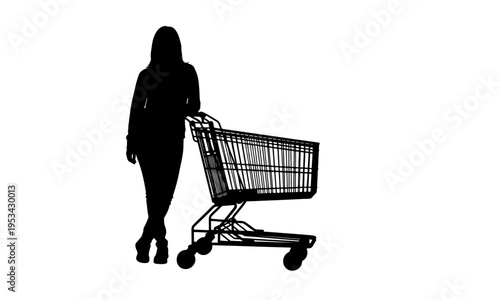 Silhouette of a woman standing and leaning on an empty shopping cart isolated on white