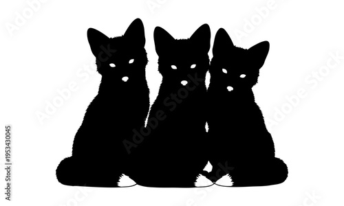 Silhouette of three young fox cubs sitting together and looking forward