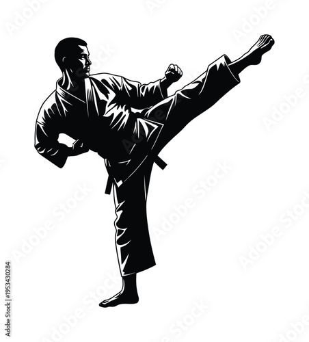 Vector of a martial artist wearing traditional clothing performing a high kick
