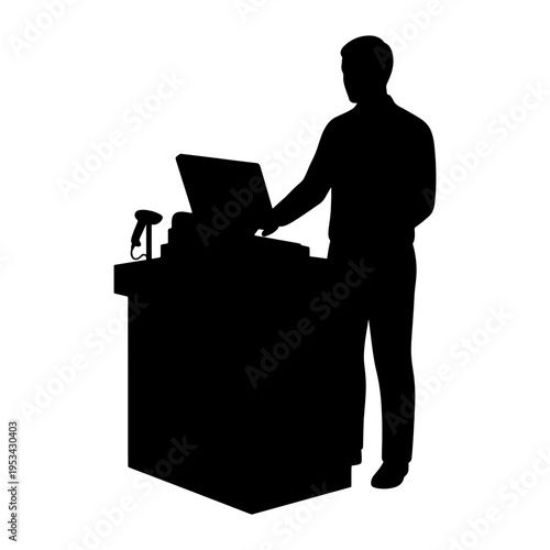 Silhouette of a male cashier working at a retail store checkout counter with computer