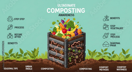 Composting awareness illustration with colorful vegetables and fruits in a wooden bin on a green background