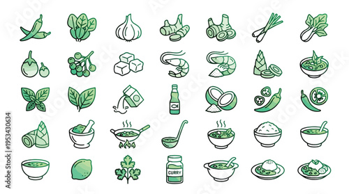 Thai Green Curry Ingredients Icon Set in Gradient Linear Style. A collection of Food Linear Icons, including chili, galangal, lemongrass, coconut, shrimp, eggplant, basil, fish sauce, and more. Art.