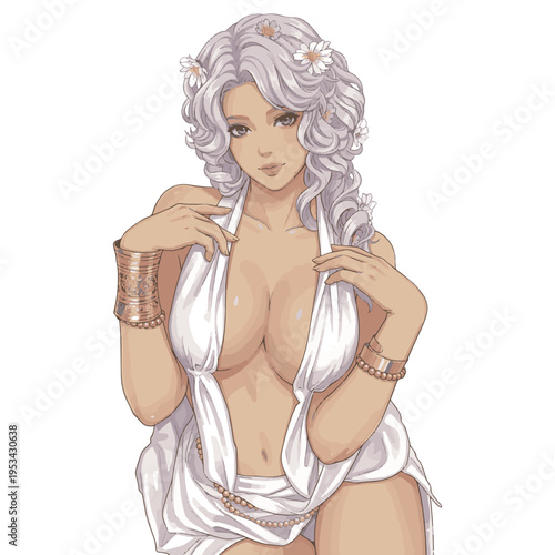 白い服を着た、セクシーで美しい銀髪の女神
