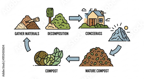 Composting process cycle from gather materials to mature compost for sustainable gardening and waste reduction