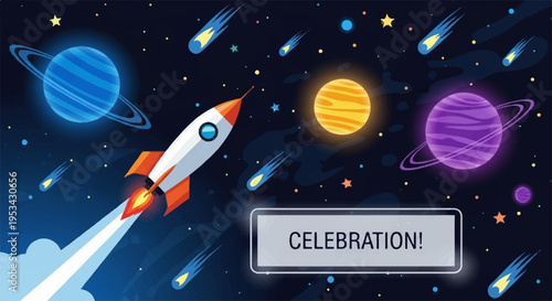 Rocket ship blasts off into space with colorful planets and celebration message