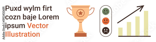 Business performance, success measurement, feedback systems, goal achievement, progress tracking, corporate growth. Trophy, feedback icons and a growth chart. Success measurement and business