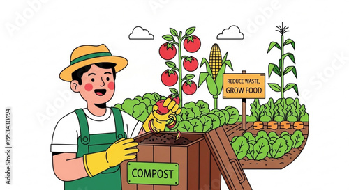 Man holding compost bin with chicken surrounded by lush garden with vegetables and fruits promoting eco friendly gardening practices and sustainable living