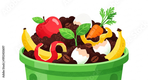 Vibrant green compost bin overflowing with fresh fruit and vegetable scraps coffee grounds and eggshells on a clean white background symbolizing eco friendly recycling
