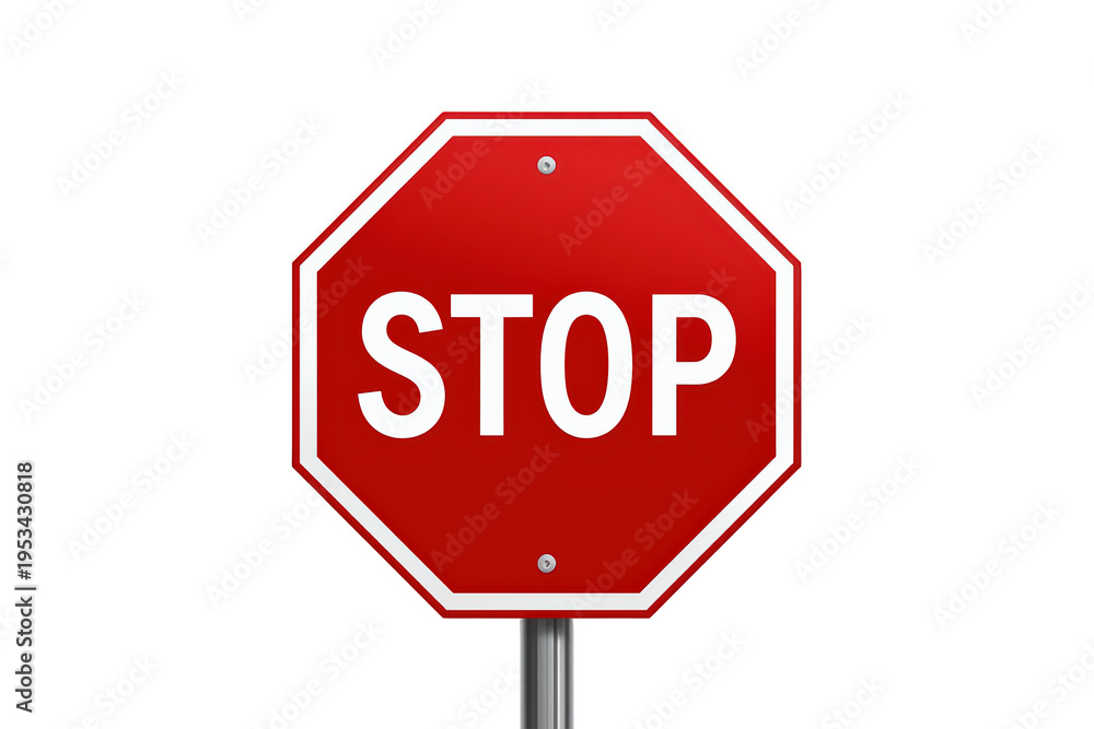 Obraz premium Stop sign, octagonal red road traffic signal with white letter text and border on a pole, transparent background