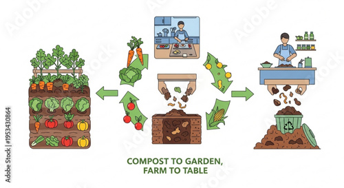 Sustainable gardening concept with compost cycle from farm to table with money