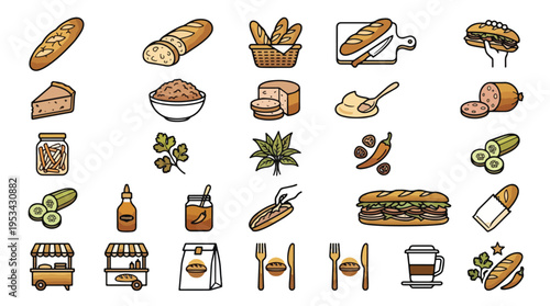 Vietnamese Banh Mi Sandwich Ingredients Icon Set in Filled Linear Style. A collection of Vietnamese banh mi sandwich linear icons, including baguette, pate, coriander, chili, and more. Vector.