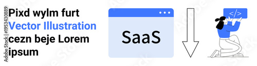 Software development, technology services, SaaS tools, cloud computing, coding, digital solutions. Browser with SaaS text, arrow indicating download person with code. SaaS tools and cloud computing