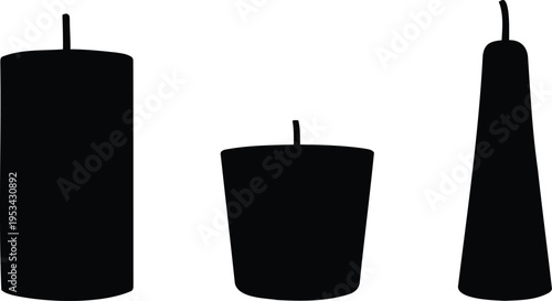 Set of three black candle silhouettes, vector illustration of various shapes