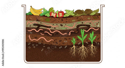 Soil layers decomposition process with worms and plant roots growing in ground