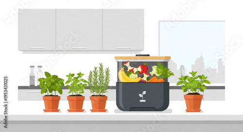 Indoor kitchen garden with compost bin and potted plants on countertop near city view window