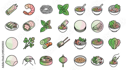 Vietnamese Spring Roll Icon Set in Linear Style. Collection of Asian Food Linear Icons, including shrimp, noodles, mint, sauce, rice paper, cucumber, chopsticks, lettuce, lantern, and more. Vector.