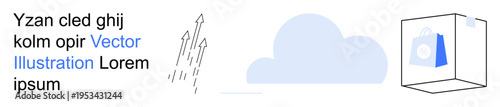 Cloud computing, digital innovation, data analysis, graphic design, growth strategy, futuristic technology. Arrows showing growth, cloud and a data cube icon. Cloud computing and digital innovation