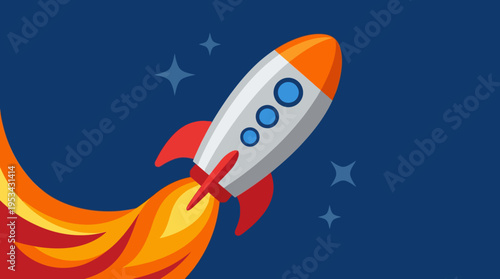 Cartoon rocket launching into space with fiery exhaust trail and stars in a dark blue sky.
