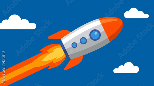 A cartoon-style rocket with orange fins and a fiery exhaust trail soaring upwards through a vibrant blue sky with fluffy white clouds.