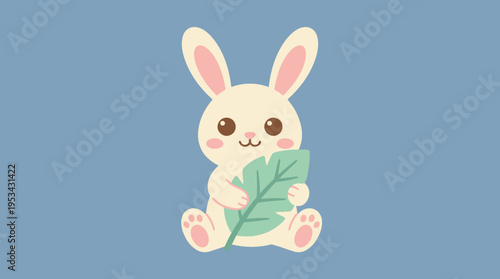 A cute cartoon white rabbit with pink ears and cheeks, holding a large green leaf, against a solid light blue background.