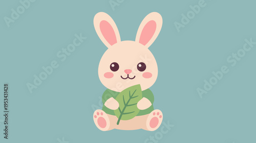 A cute cartoon bunny with pink ears and cheeks, holding a large green leaf, against a simple light blue background.