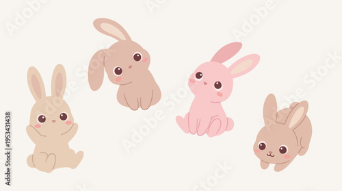Adorable illustration of four cute cartoon bunnies in soft pastel colors on a light background, perfect for children's themes.