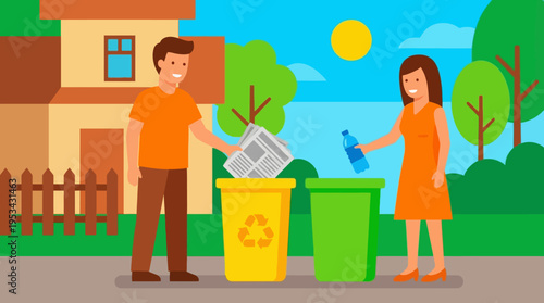 An illustration of a man and a woman actively participating in recycling, sorting paper and plastic into separate bins outdoors in a residential area.
