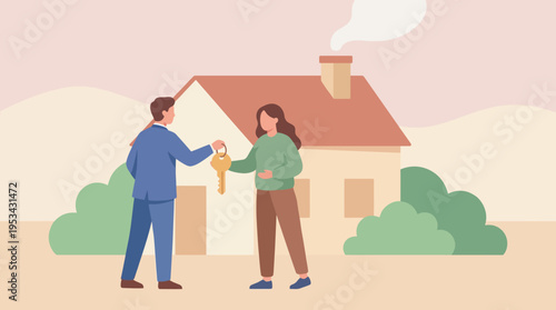 A man hands over house keys to a woman in front of a new home, symbolizing real estate transaction or property ownership transfer.
