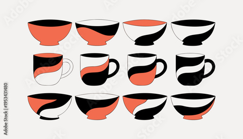 A set of abstract design bowls and coffee cups