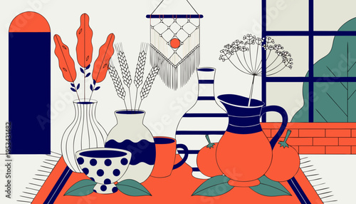 Still life with fruit and ceramic tableware