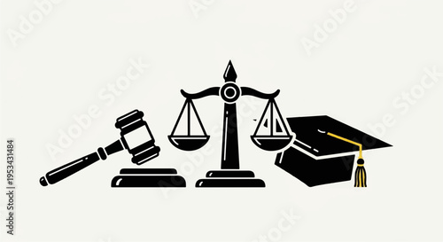 Law education and justice symbols including gavel scales and graduation cap on white background