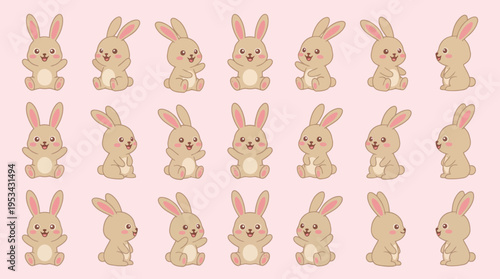 A collection of cute cartoon bunnies in different poses on a soft pink background, featuring various angles and expressions of the adorable rabbit characters.