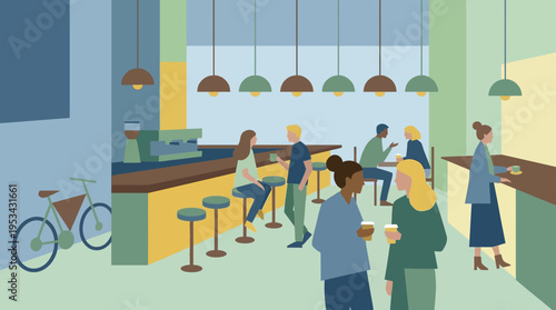 Flat illustration of a modern cafe interior with diverse people enjoying coffee and conversation.