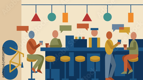 Geometric illustration of people socializing at a bar or cafe with a bartender and a bicycle.