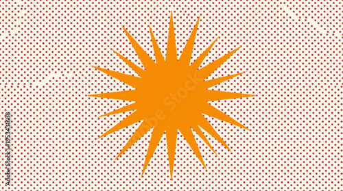 Vibrant orange spiky sun symbol on a textured white background with a subtle red grid pattern.