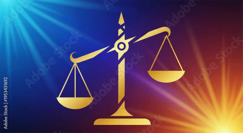Golden scales of justice with radiant sunburst on gradient background symbolizing balance and law