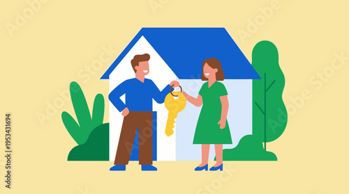 An illustration of a man handing a large golden key to a woman in front of a house, symbolizing home ownership or a real estate transaction.