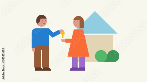 Stylized illustration of a man handing house keys to a woman, symbolizing a real estate transaction or new home ownership.