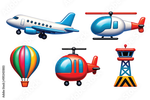 Set of colorful aviation and air travel icons including airplane, helicopter, hot air balloon, and air traffic control tower