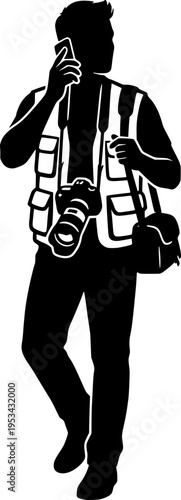 Silhouette vector illustration of a professional photographer walking with a camera and equipment, talking on a smartphone. Black and white minimalist stencil design.