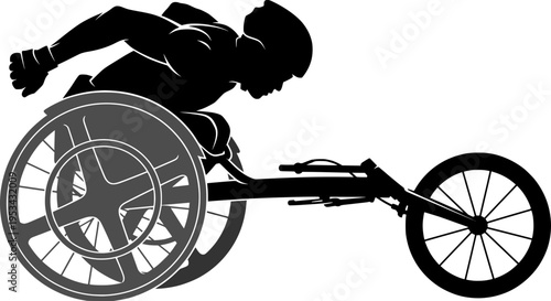Paralympic athlete in a racing wheelchair competing in a marathon. Black and white vector illustration of disability sports and perseverance.