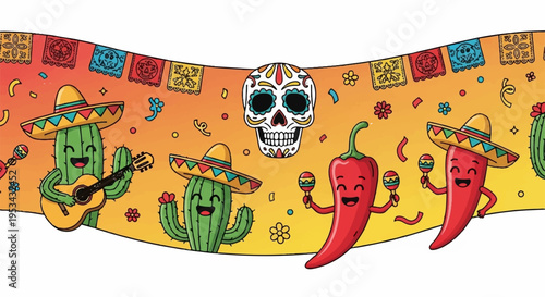 Vibrant dia de los muertos banner with sombrero cactus skull and chili peppers festive decoration