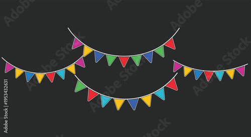 Three rows of colorful triangular party bunting banners are displayed against a dark grey background for festive celebration themes.