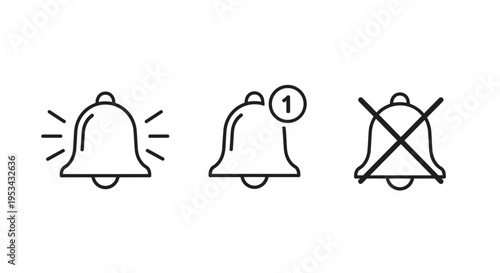 Three notification bell icons illustrate different statuses including a ringing alert, an unread message, and a muted silent mode.