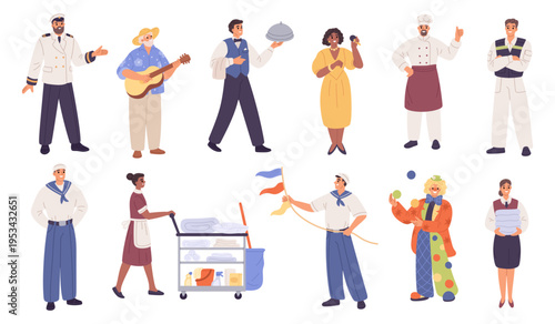 Sea cruise staff. Pleasure boat workers, captain in uniform, cook, musicians, animator and waiter, travel sailing team employee characters, housekeeping and entertainment garish vector set