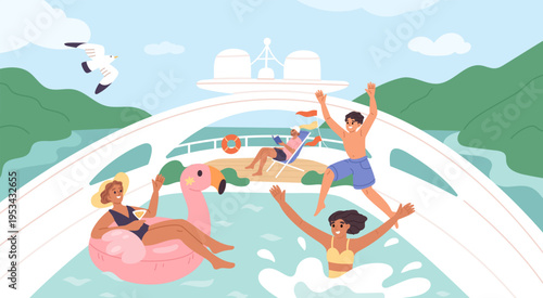 Sea cruise people. Happy family relaxes on ship deck, parents and children swim in pool, summer vacation aboard yacht, leisure on a boat, marine recreation garish vector cartoon flat concept