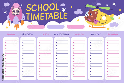 School schedule with flying animals. Cartoon panda, bear in toy rocket and helicopter, funny characters, kids planner, space for lessons and notes garish vector cartoon isolated concept