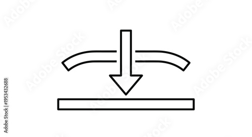 Downward arrow symbol pushing against flexible curved barrier towards flat horizontal surface line icon on white background.