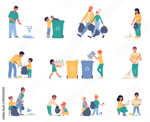 Parents and children sort garbage. People clean up waste, funny volunteers collect trash, nature caring, rubbish outdoor, volunteers environmental care classy vector cartoon isolated set