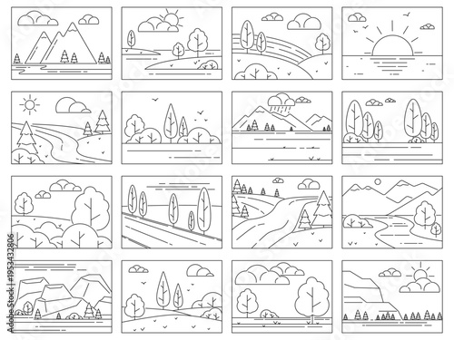 Outlines landscape icons. Linear style simple natural views, adventures and traveling, web design and apps elements, nature scenes with mountains, rivers, trees and sun qualitative vector set